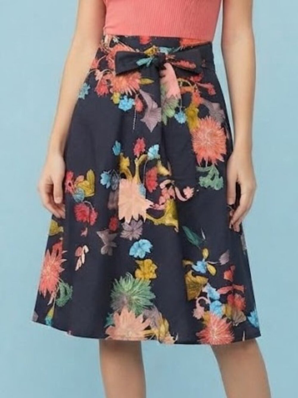 Zara Floral Tie Midi Flare Skirt